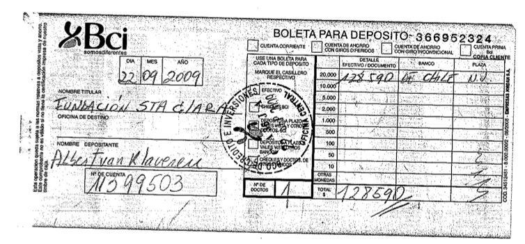 Boleta de depósito aporte a Fundación Santa Clara por 128 mil 590 pesos